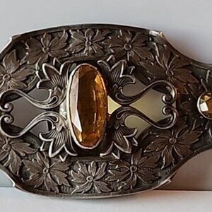 Antique Victorian Amber Glass Stone Sash Belt Buckle Ornate Floral Design